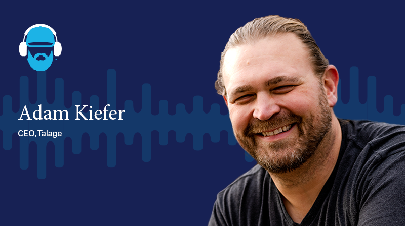 Adam Kiefer CEO, Talage A photo of Adam Kiefer CEO, Talage in front of a dark blue background with a soundwave design