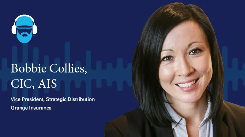 Bobbie Collies, CIC, AIS Vice President, Strategic Distribution Grange Insurance  A photo of Bobbie Collies, CIC, AIS Vice President, Strategic Distribution Grange Insurance on a dark blue background with a soundwave design