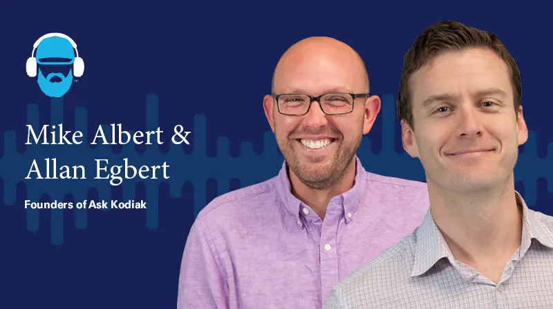 Mike Albert & Allan Egbert Founders of Ask Kodiak  A photo of Mike Albert & Allan Egbert Founders of Ask Kodiak on a dark blue background with a soundwave design